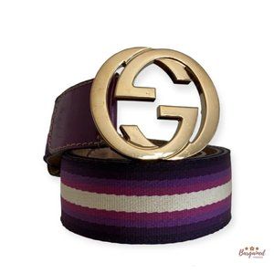 Authentic Gucci Web Canvas Leather Gold Interlocking G Buckle Belt 85/34 114876